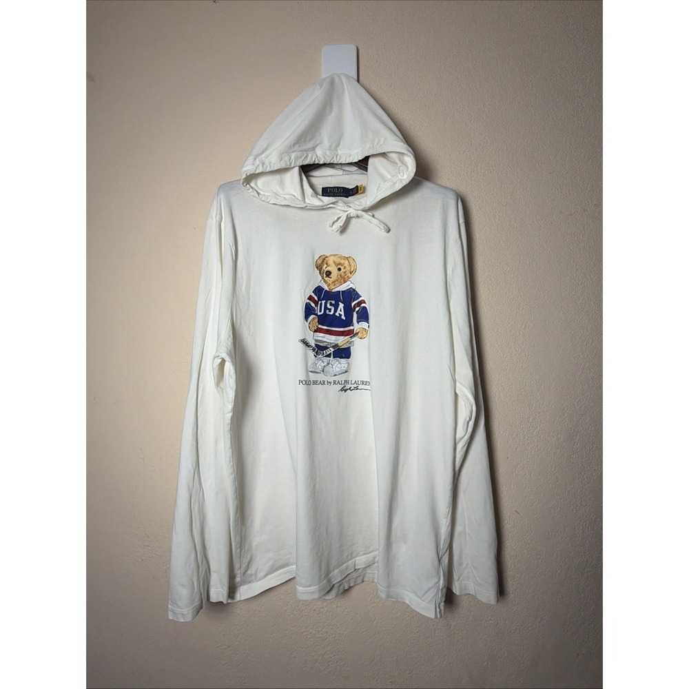 Polo Ralph Lauren USA Hockey Bear Lightweight Pullover Hoodie Men XL White